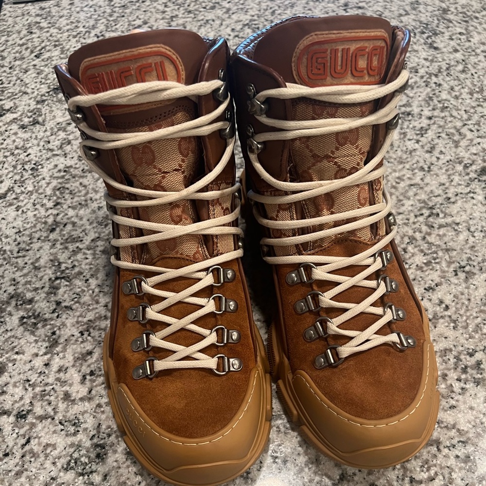 SOLD 🛑Gucci Flashtrek logo-appliquéd suede, leather and canvas ankle boots